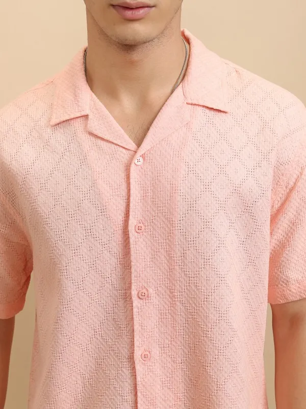 Highlander Men Peach Textured Relaxed Fit Casual Shirt