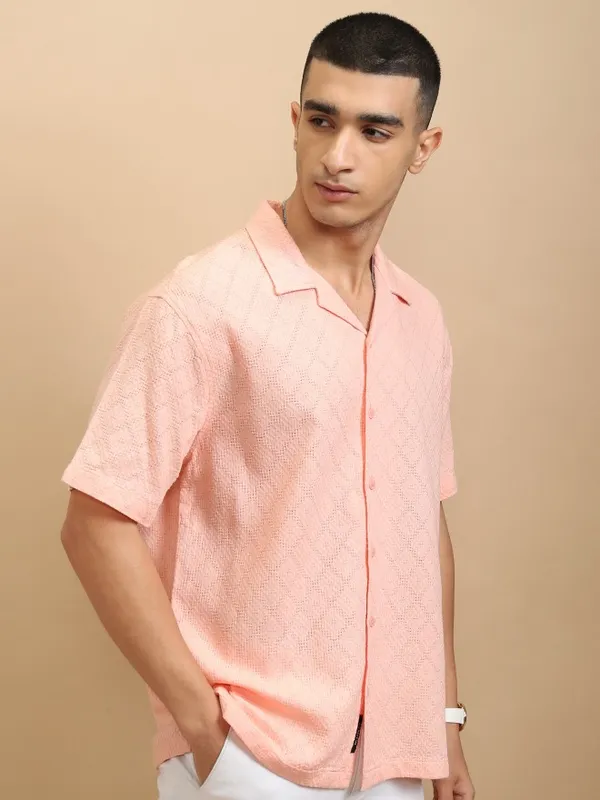 Highlander Men Peach Textured Relaxed Fit Casual Shirt