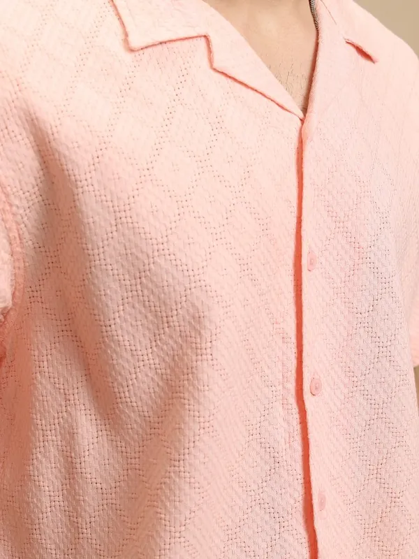 Highlander Men Peach Textured Relaxed Fit Casual Shirt