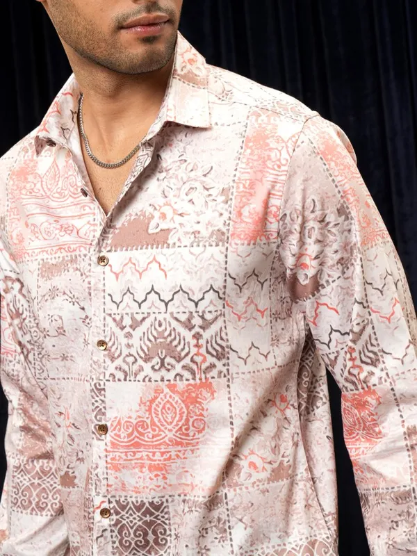 Locomotive Premium Men Pink Printed Slim Fit Casual Shirt