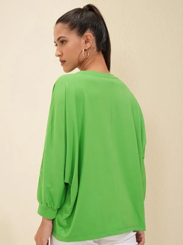 Tokyo Talkies Women Green Solid Round Neck Oversized Fit T-Shirt