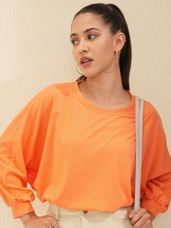 Tokyo Talkies Women Orange Solid Round Neck Oversized Fit T-Shirt