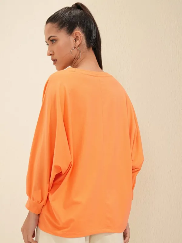 Tokyo Talkies Women Orange Solid Round Neck Oversized Fit T-Shirt