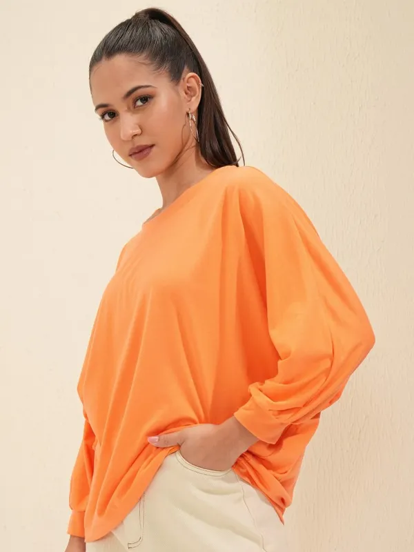 Tokyo Talkies Women Orange Solid Round Neck Oversized Fit T-Shirt