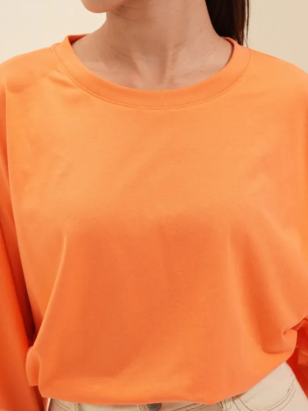 Tokyo Talkies Women Orange Solid Round Neck Oversized Fit T-Shirt