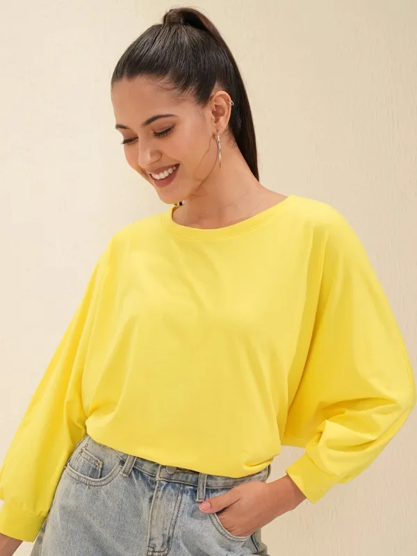 Tokyo Talkies Women Yellow Solid Round Neck Oversized Fit T-Shirt