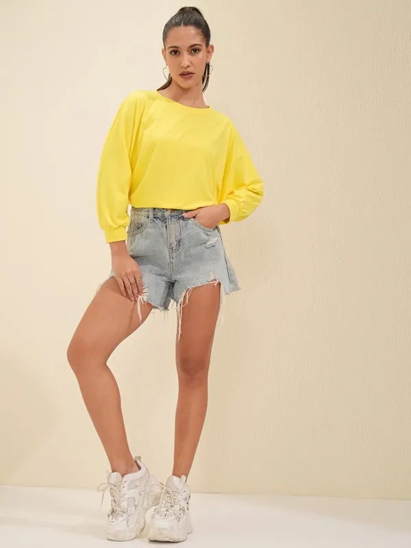 Tokyo Talkies Women Yellow Solid Round Neck Oversized Fit T-Shirt