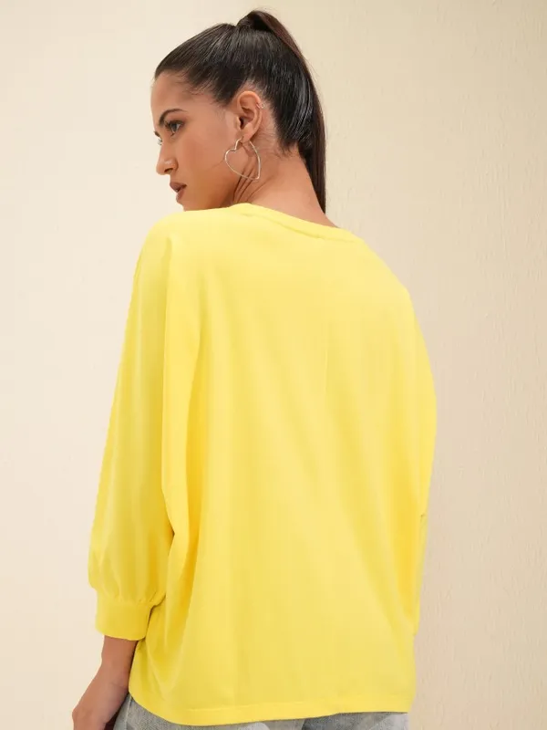 Tokyo Talkies Women Yellow Solid Round Neck Oversized Fit T-Shirt