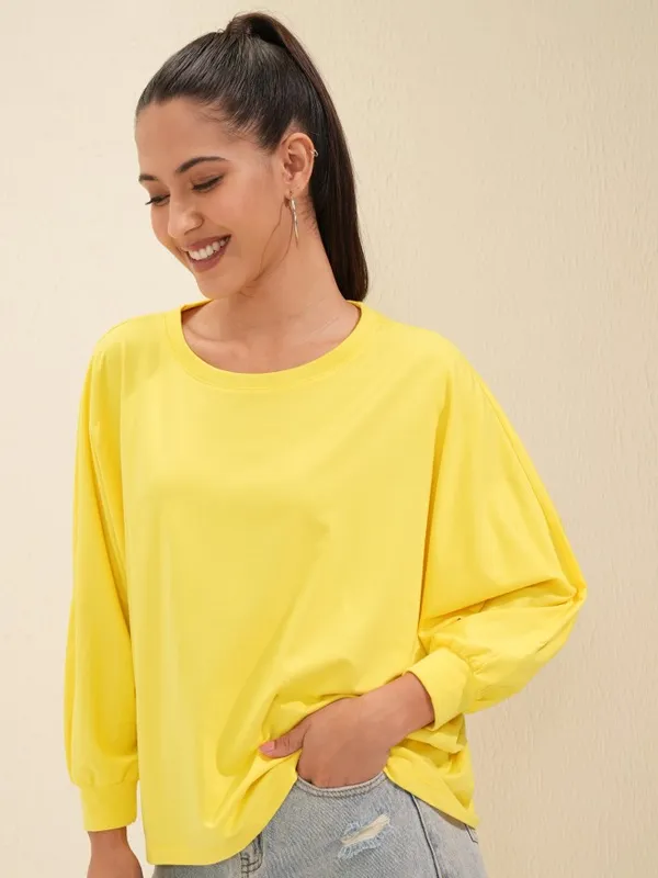 Tokyo Talkies Women Yellow Solid Round Neck Oversized Fit T-Shirt