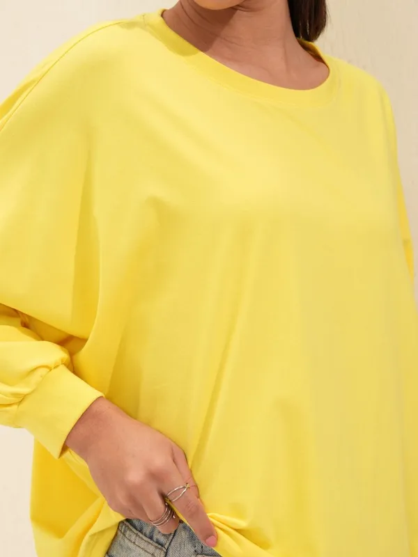 Tokyo Talkies Women Yellow Solid Round Neck Oversized Fit T-Shirt