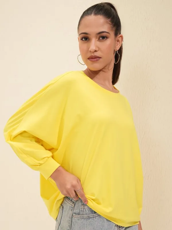 Tokyo Talkies Women Yellow Solid Round Neck Oversized Fit T-Shirt