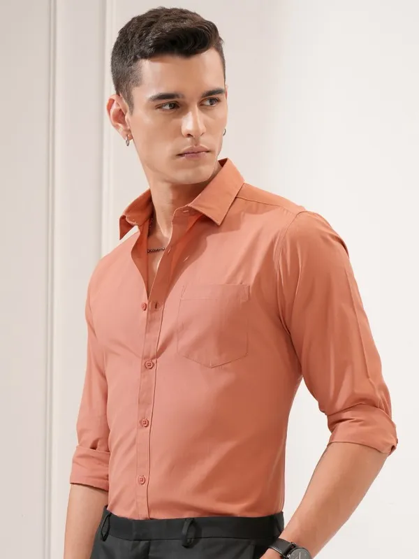 Highlander Men Orange Solid Slim Fit Casual Shirt