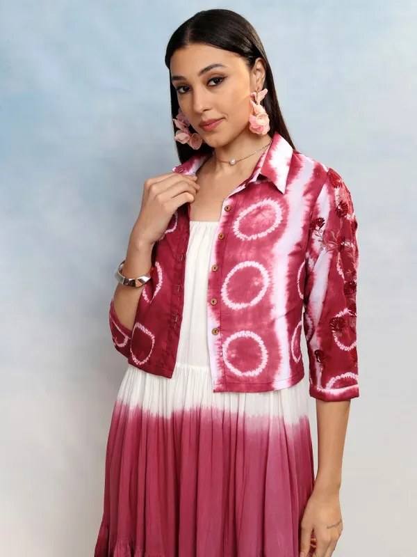 Vishudh Women Burgundy Printed A-Line Dress With Jacket