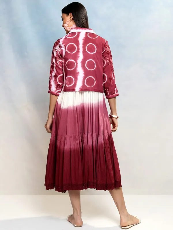 Vishudh Women Burgundy Printed A-Line Dress With Jacket