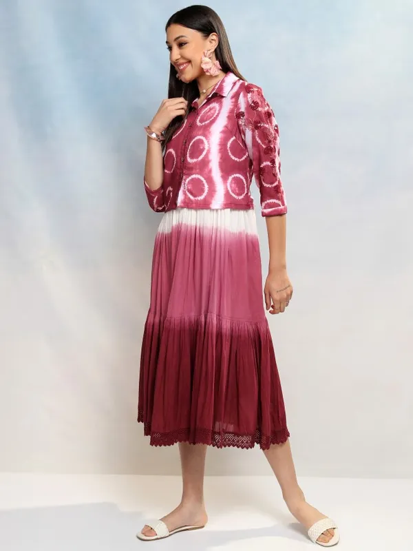Vishudh Women Burgundy Printed A-Line Dress With Jacket