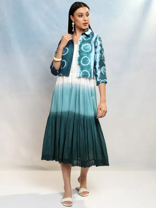 Vishudh Women Teal Printed A-Line Dress With Jacket
