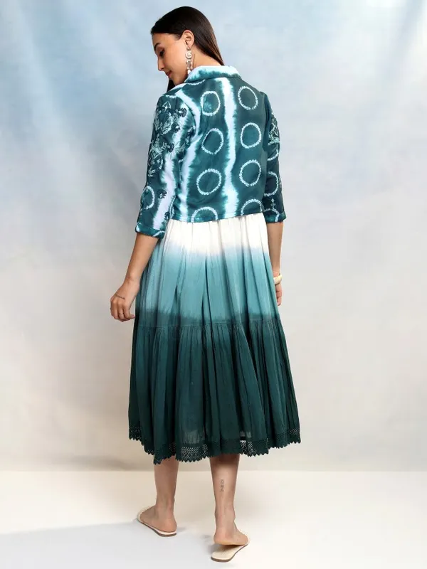 Vishudh Women Teal Printed A-Line Dress With Jacket
