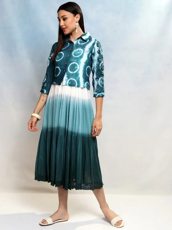 Vishudh Women Teal Printed A-Line Dress With Jacket
