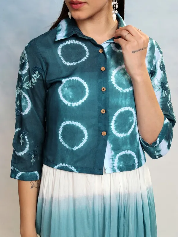 Vishudh Women Teal Printed A-Line Dress With Jacket