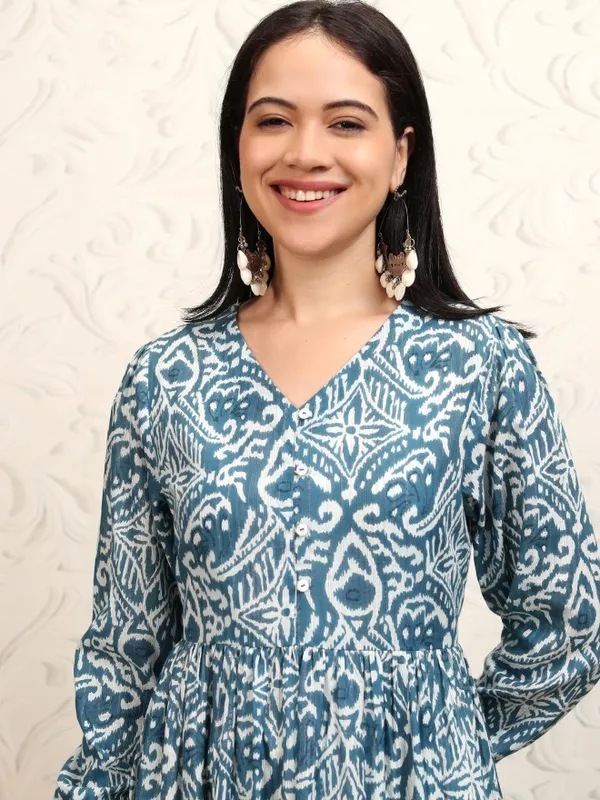 Vishudh women Blue Printed Drop-Waist Dress