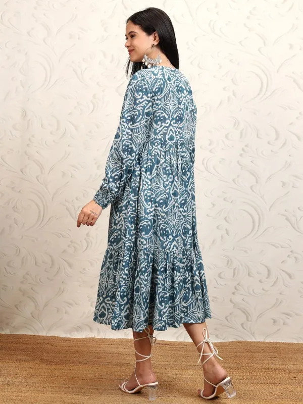 Vishudh women Blue Printed Drop-Waist Dress