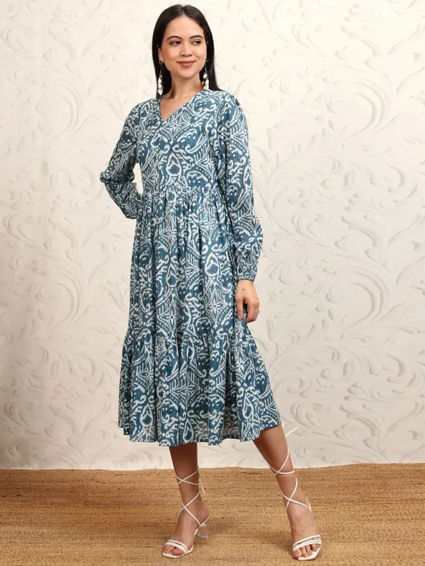 Vishudh women Blue Printed Drop-Waist Dress