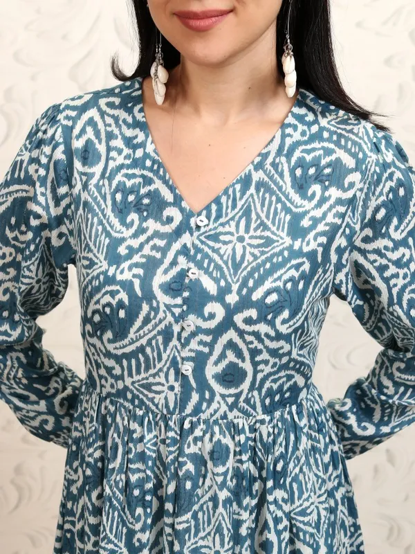 Vishudh women Blue Printed Drop-Waist Dress