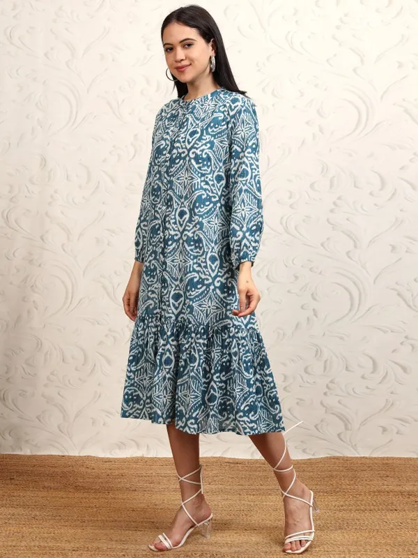 Vishudh women Blue Printed Drop-Waist Dress