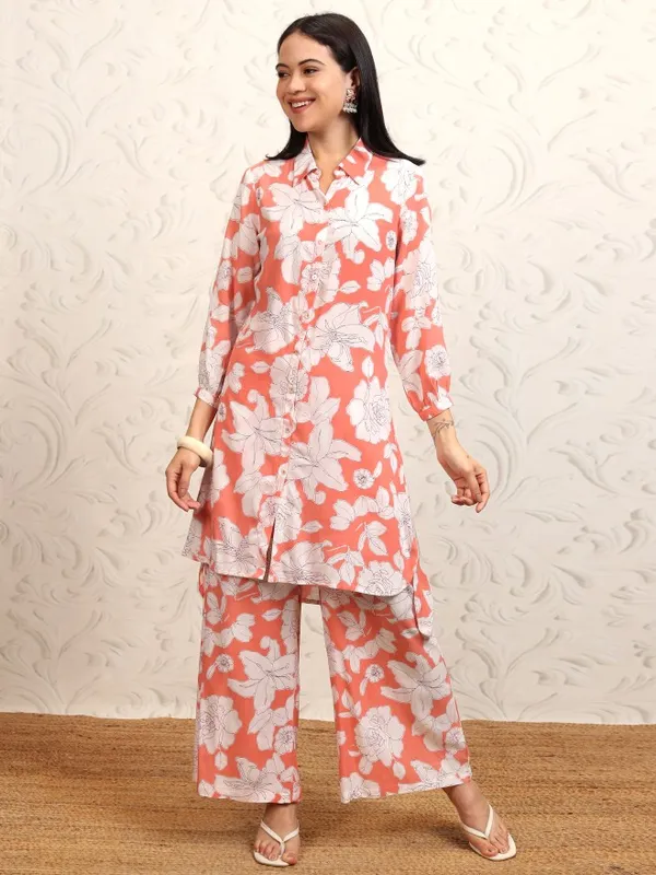 Vishudh Women Coral Shirt With Trouser