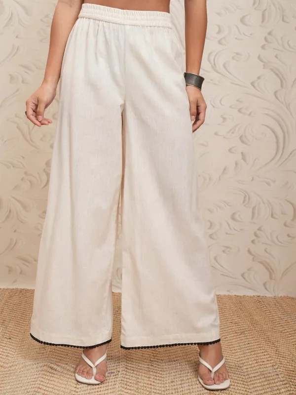 Vishudh Women Natural Cream Embroidered Ethnic Kurta With Pants