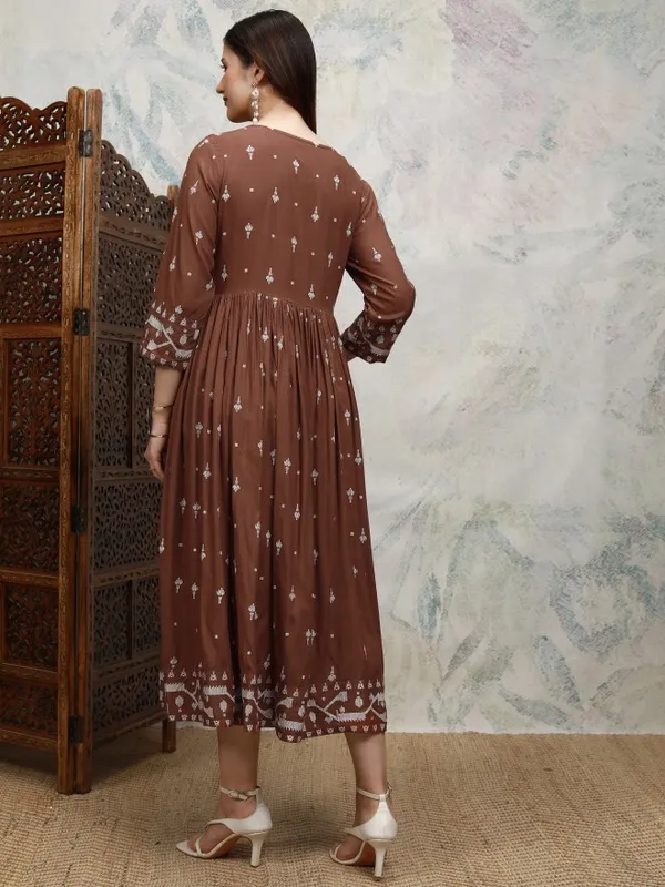 Vishudh women Brown Embroidered A-Line Dress
