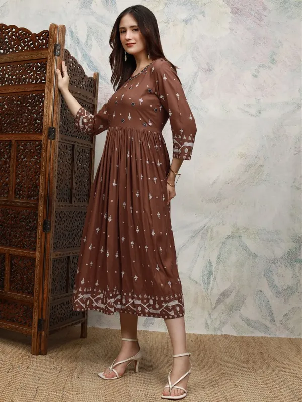 Vishudh women Brown Embroidered A-Line Dress
