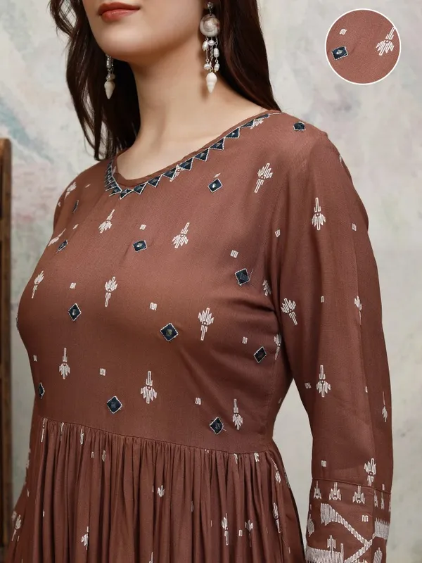 Vishudh women Brown Embroidered A-Line Dress