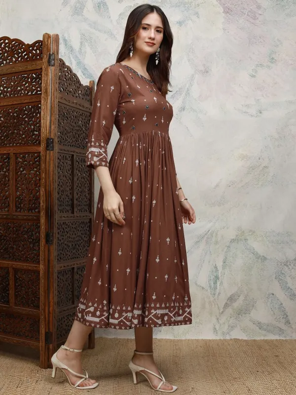 Vishudh women Brown Embroidered A-Line Dress