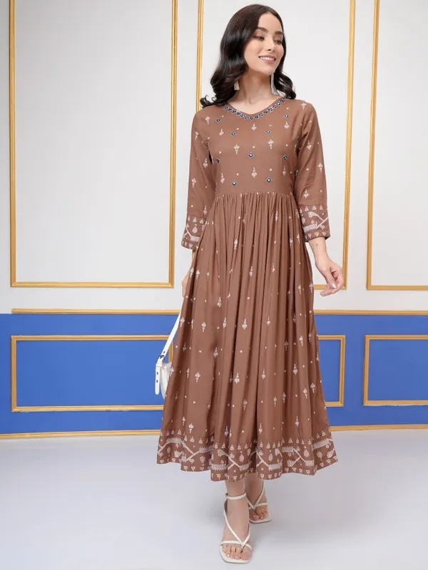 Vishudh Women Brown Embroidered Maxi Dress