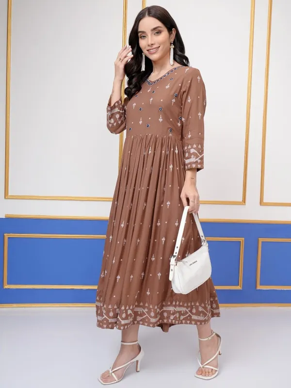 Vishudh Women Brown Embroidered Maxi Dress