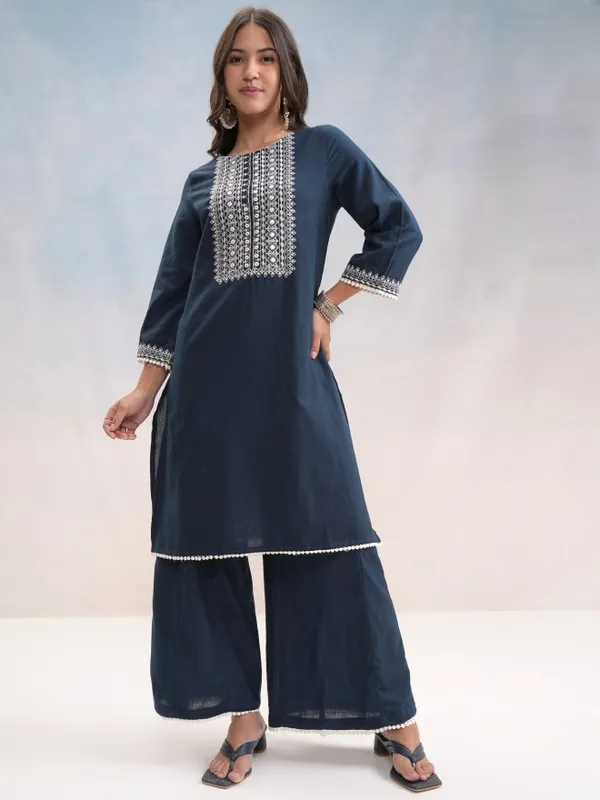 Vishudh Women Blue Embroidered Kurta With Trouser