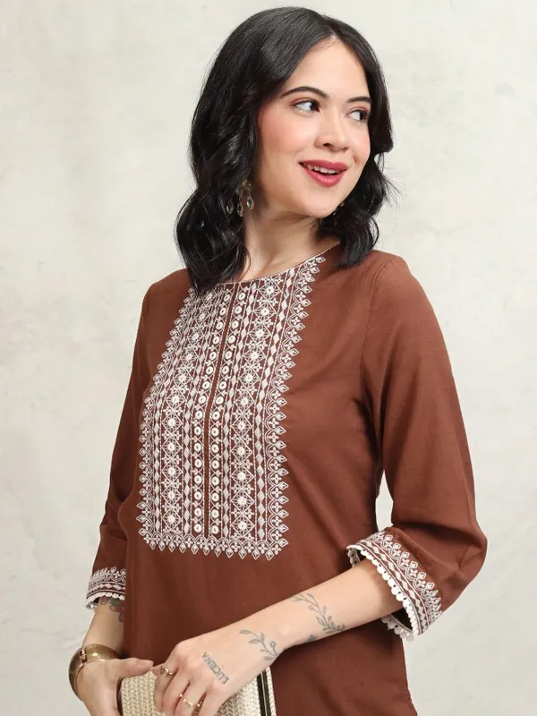 Vishudh Women Brown Embroidered Kurta With Trouser