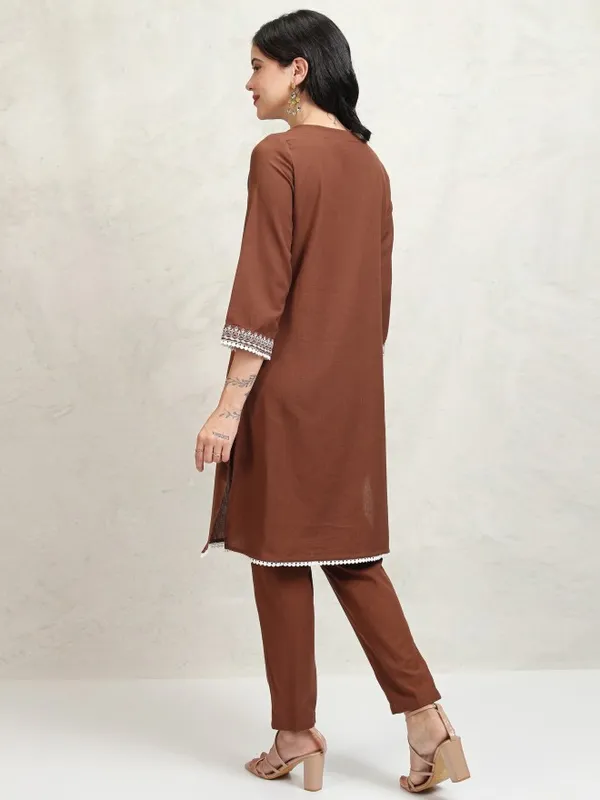 Vishudh Women Brown Embroidered Kurta With Trouser