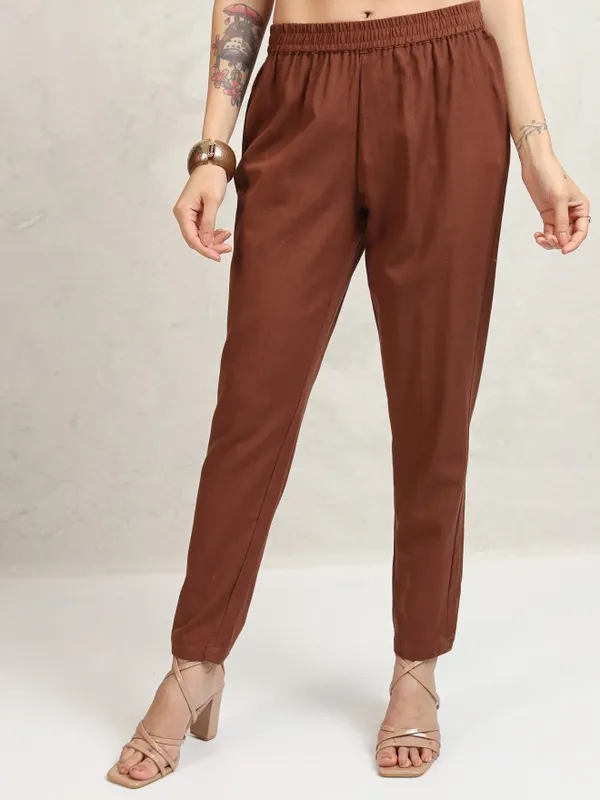 Vishudh Women Brown Embroidered Kurta With Trouser