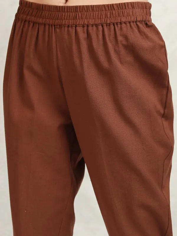 Vishudh Women Brown Embroidered Kurta With Trouser