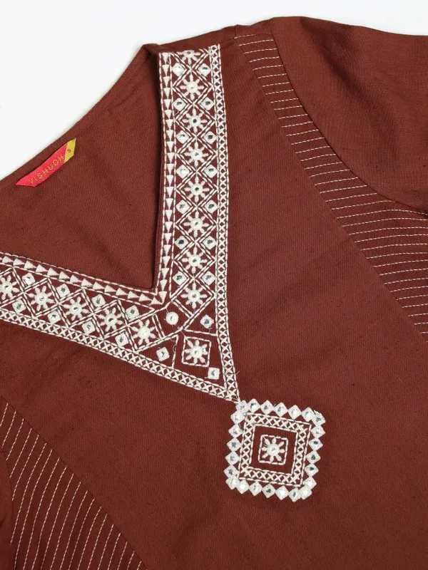 Vishudh Women Brown Embroidered Kurta With Trouser