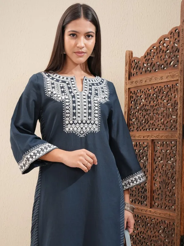 Vishudh Women Blue Embroidered Straight Kurta