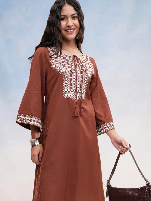 Vishudh Women Brown Embroidered A-Line Kurta