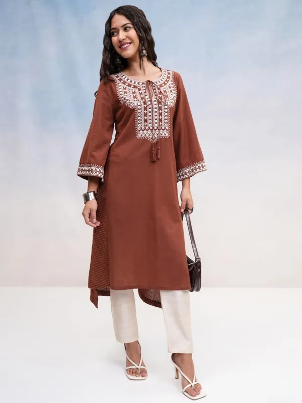 Vishudh Women Brown Embroidered A-Line Kurta