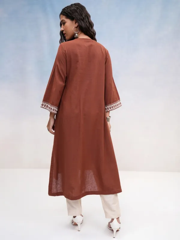Vishudh Women Brown Embroidered A-Line Kurta