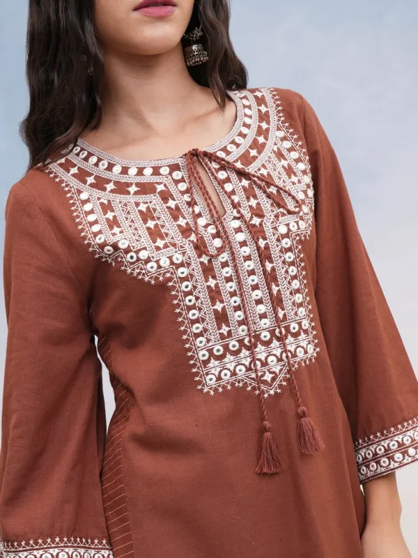 Vishudh Women Brown Embroidered A-Line Kurta