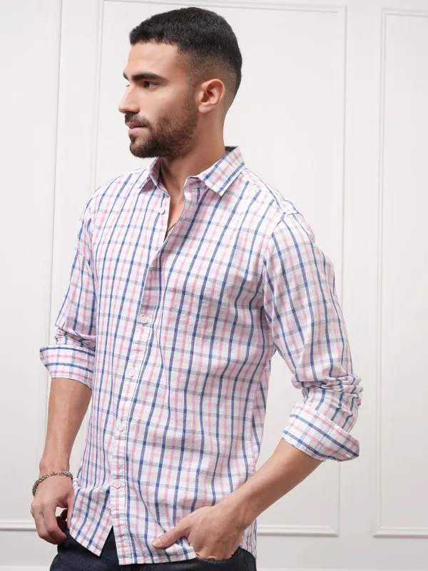 Locomotive Premium Men White Checked Regular Fit Casual Shirt