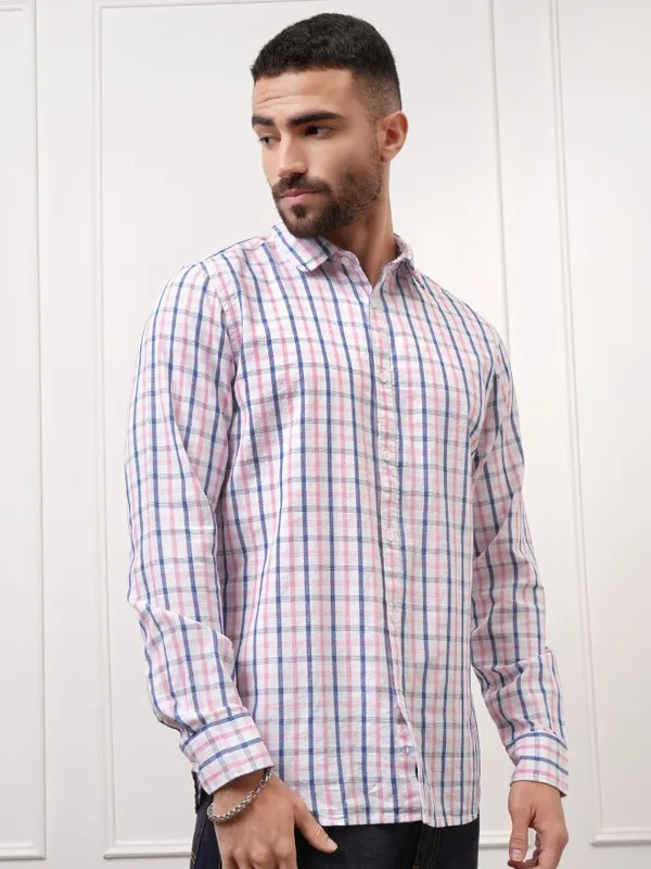 Locomotive Premium Men White Checked Regular Fit Casual Shirt