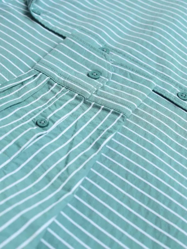 Locomotive Premium Men Green Striped Regular Fit Casual Shirt